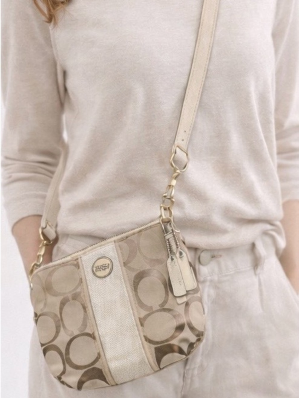 Coach Signature Beige and Brown Crossbody Bag